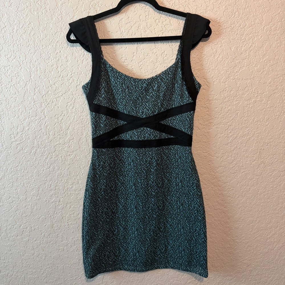 Free People Strappy Back Bodycon Mini Dress Size S Teal Black Boho Edgy Y2K